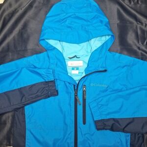 Womens L Columbia Hooded Bright Blue Color Block Full-Zip Rain Jacket Large Wind